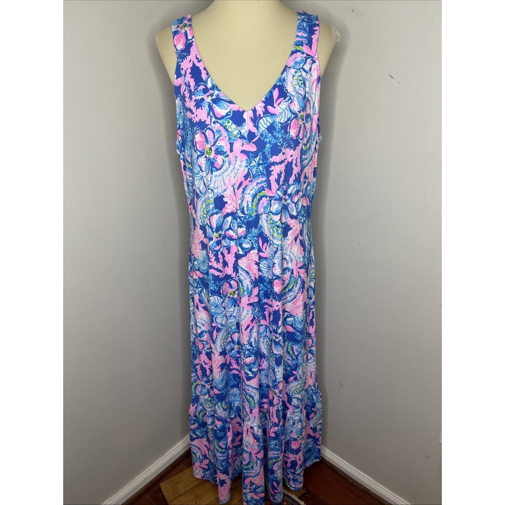 New Lilly Pulitzer Madsen V-Neck Midi Dress in Blue Tang Sitting Seaside XL - Picture 2 of 11